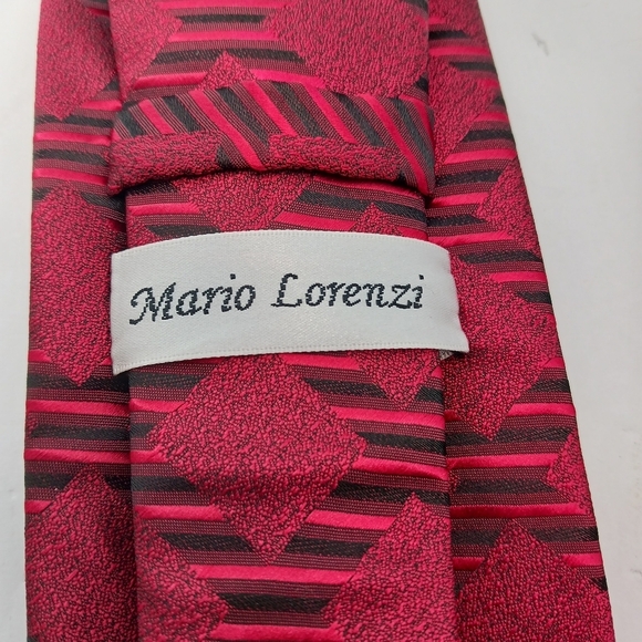 2 Piece Set Mario Lorenzi Mens Tie & Pocket Square Red Black  60" Classic - Picture 2 of 7
